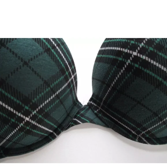 VICTORIA'S SECRET PINK Super Push-Up Bra & XL Thong Panty Set Green Plaid Cotton